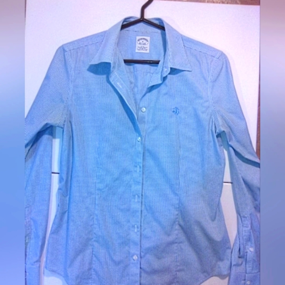BROOKS BROTHERS, blue (w/small white checks) long sleeve button down shirt.